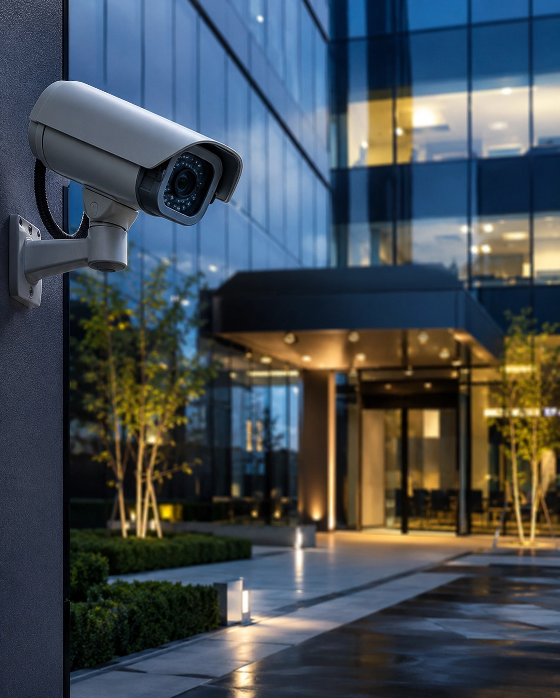 Commercial security camera monitoring the entrance of a modern office building at dusk.