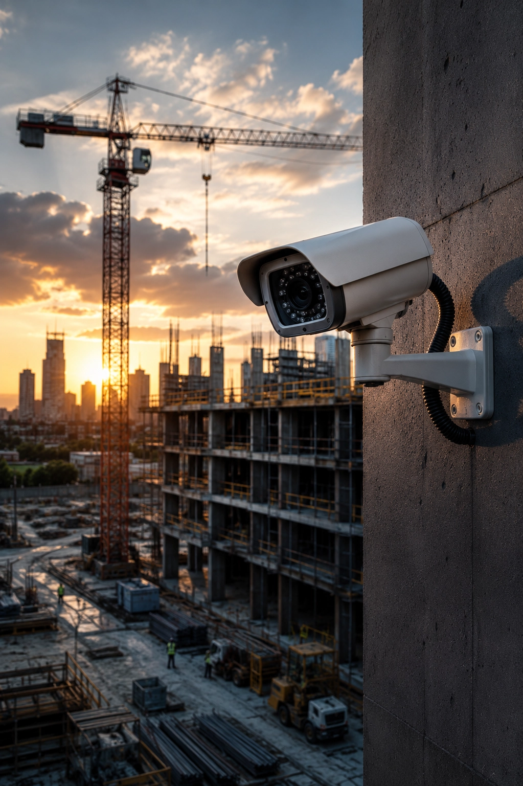 Security camera overlooking an active construction site with cranes and a partially built high-rise at sunset.