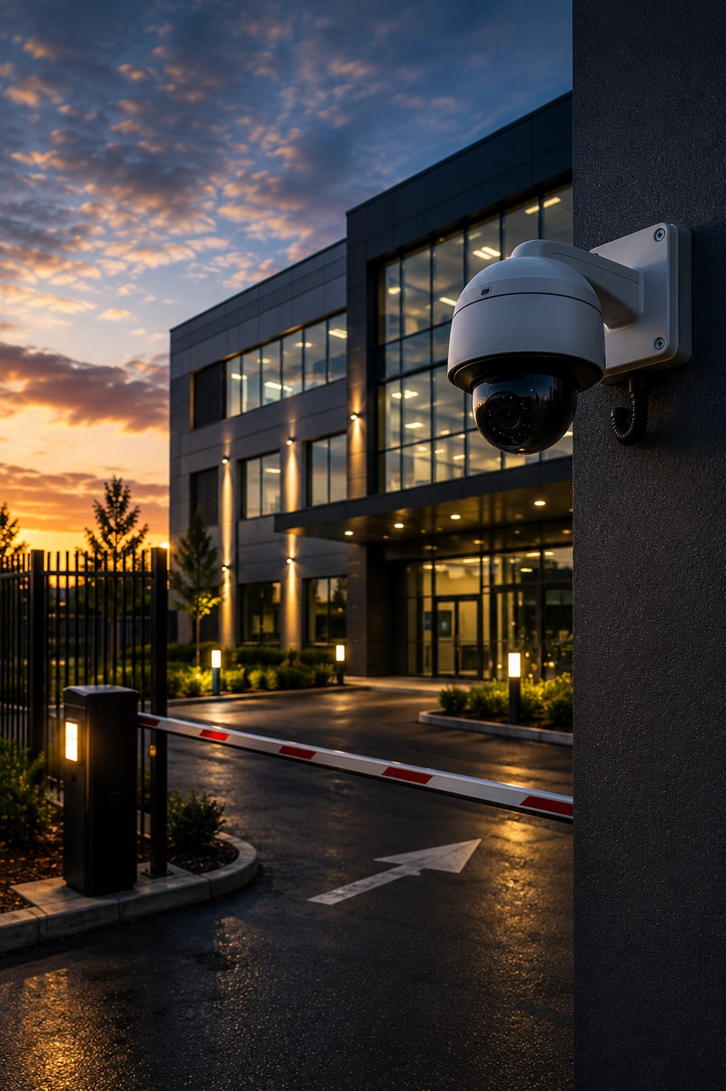 Modern commercial office building with gated vehicle access, security barrier, and dome surveillance camera at dusk, highlighting professional business security and controlled entry.