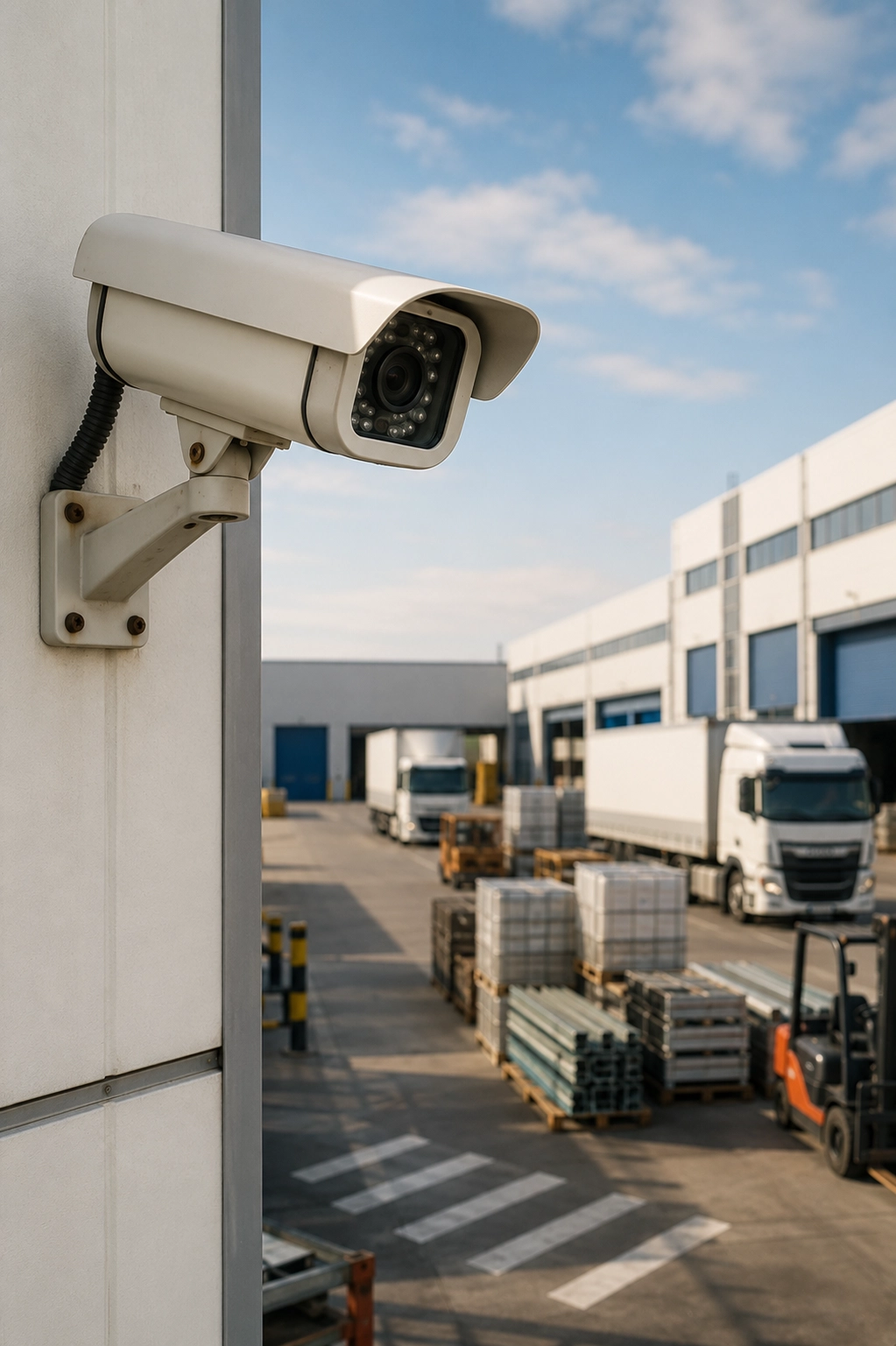 Close-up of a CCTV security camera mounted on a warehouse wall overlooking a busy industrial distribution yard with delivery trucks, forklifts, stacked pallets, and loading docks in broad daylight.