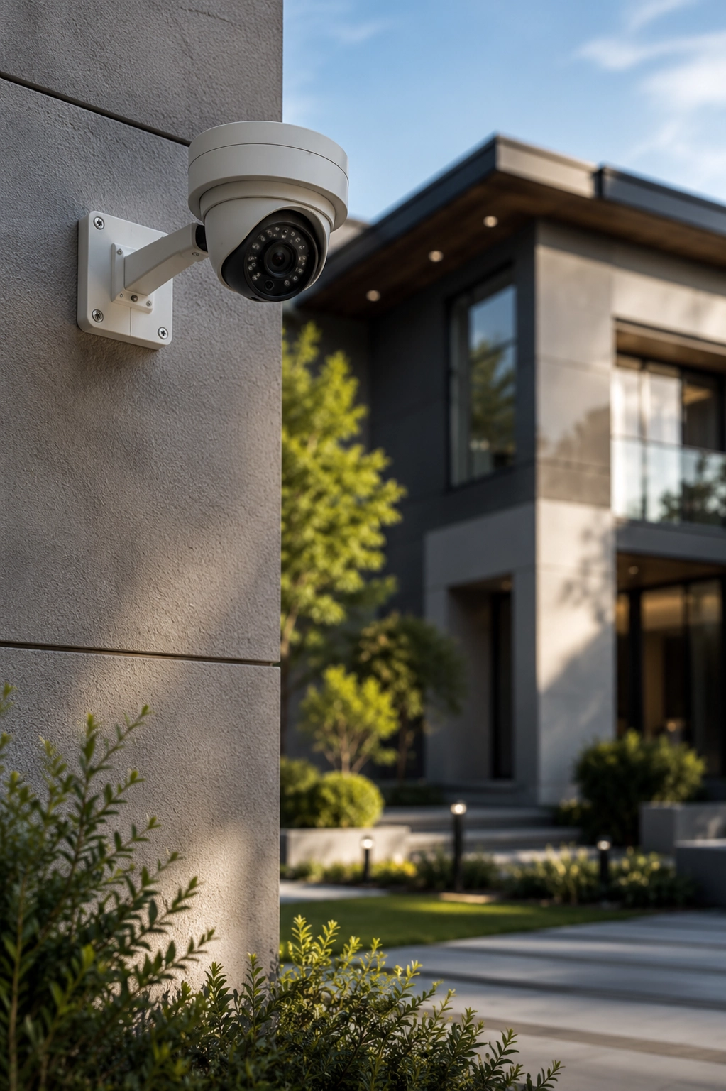 Modern dome security camera mounted on the exterior wall of a contemporary luxury home, overlooking the front entrance and landscaped garden in bright daylight.