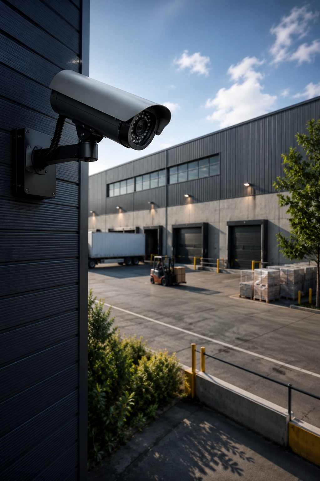 Bullet-style CCTV security camera mounted on the exterior of a modern industrial warehouse overlooking loading docks, a forklift, delivery truck, and pallet storage yard in bright daylight.