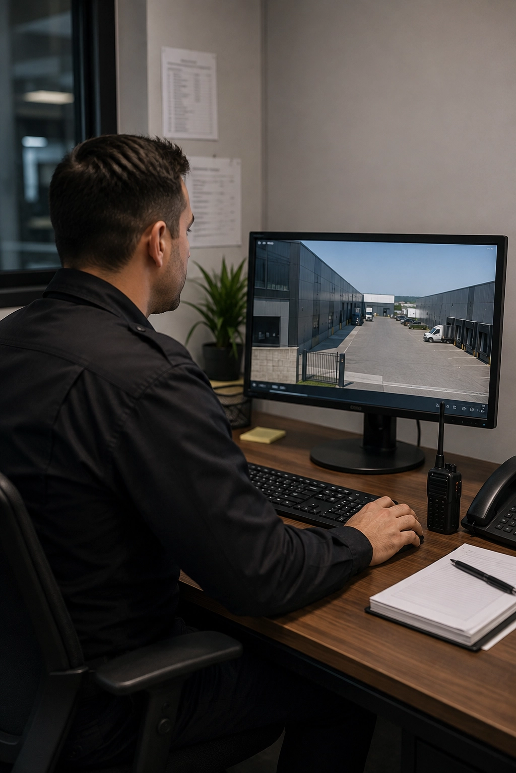 Security operator monitoring a live CCTV feed of an industrial facility from a modern office control room.