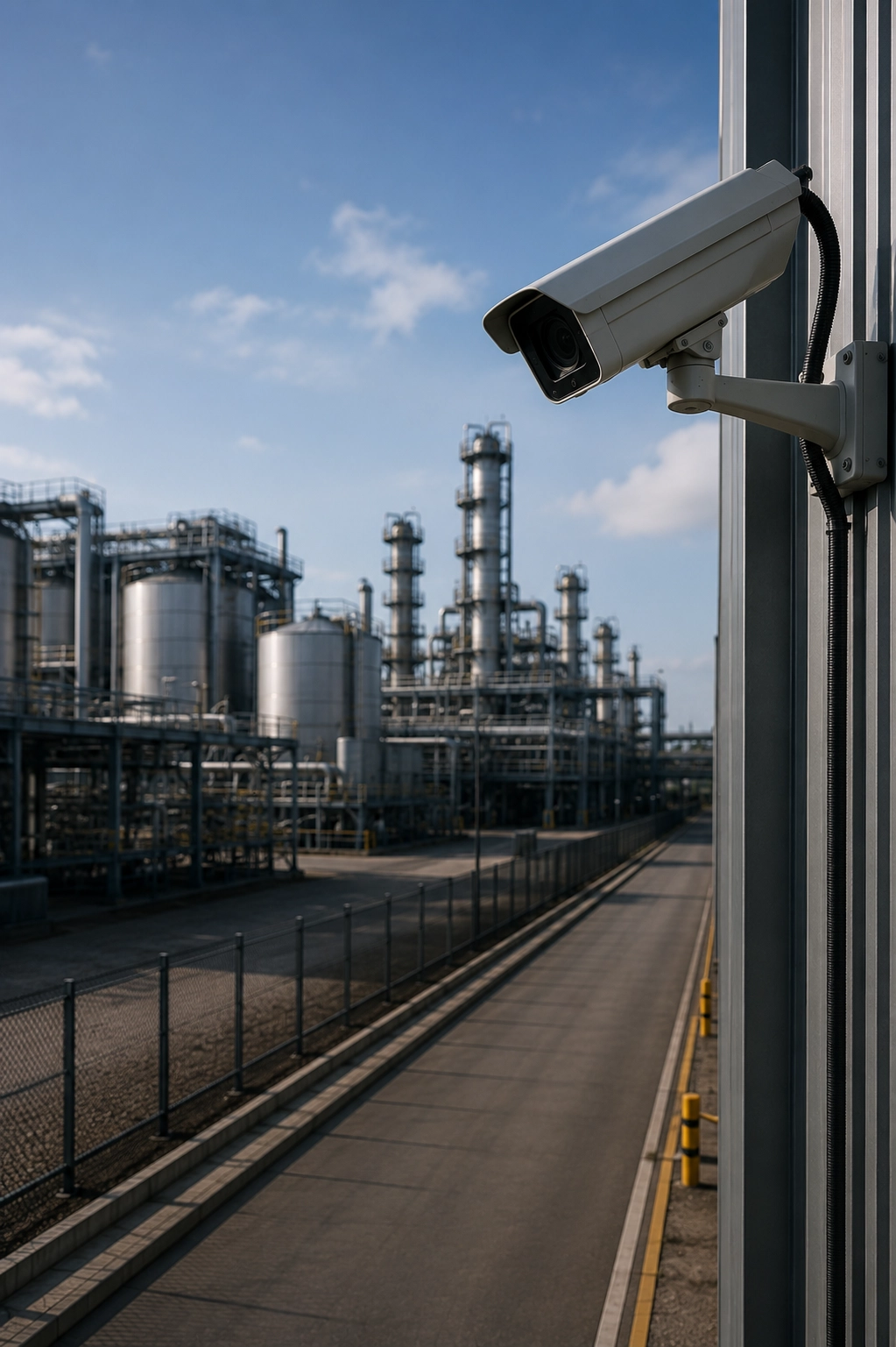 Bullet CCTV security camera monitoring a large industrial processing facility with secure perimeter fencing and access road.
