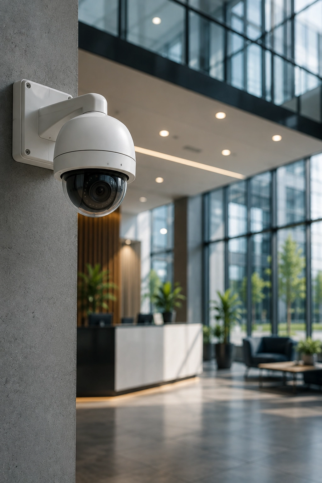 Dome security camera monitoring the reception area of a modern commercial office building.