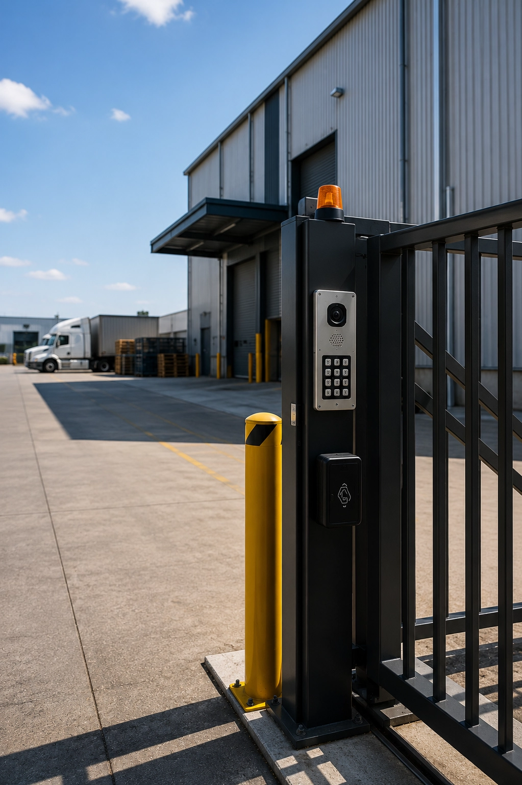 Automated industrial access gate with keypad and card reader at a warehouse loading facility.