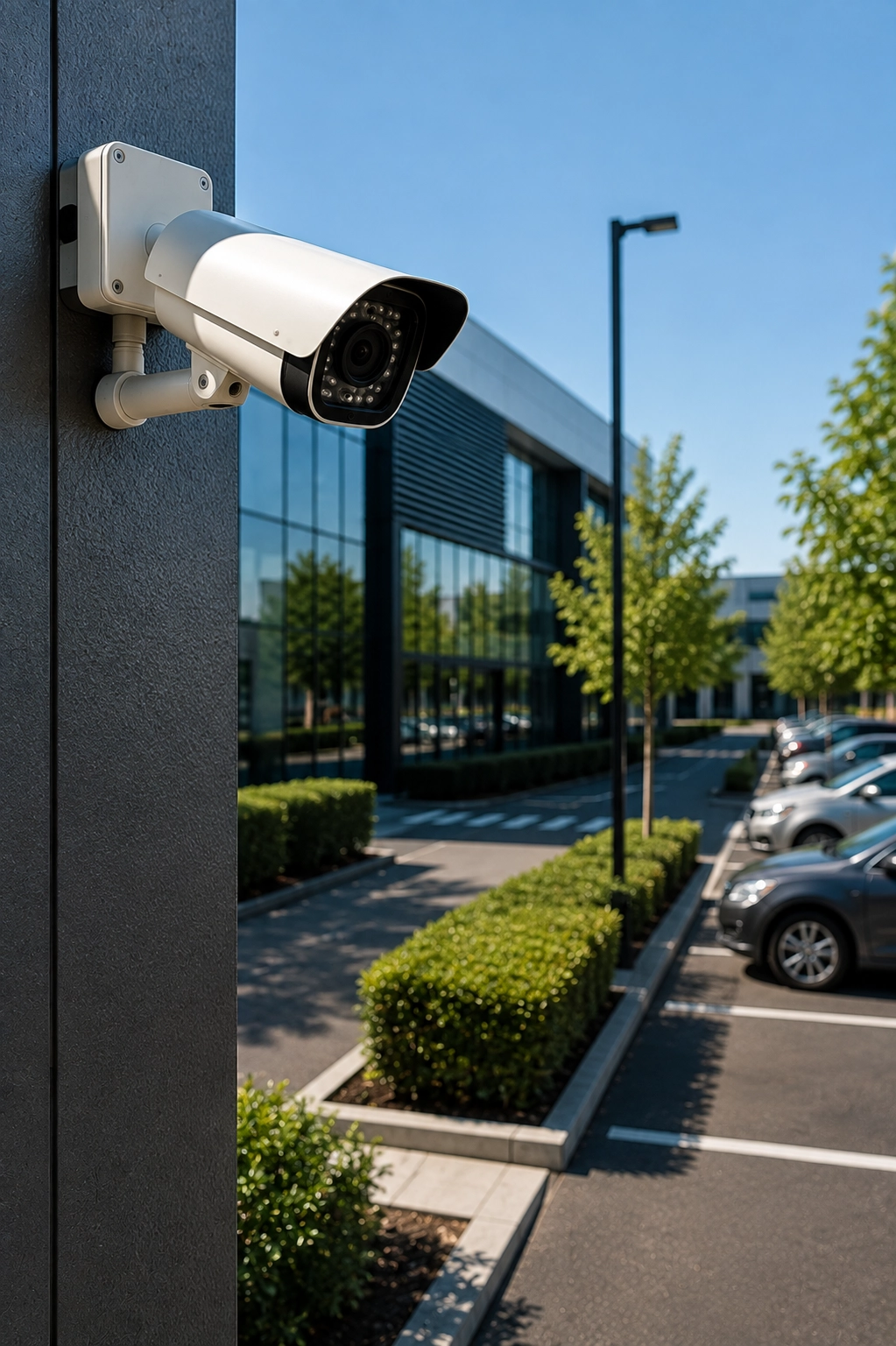 Bullet security camera monitoring the exterior of a contemporary commercial office building and landscaped parking area.
