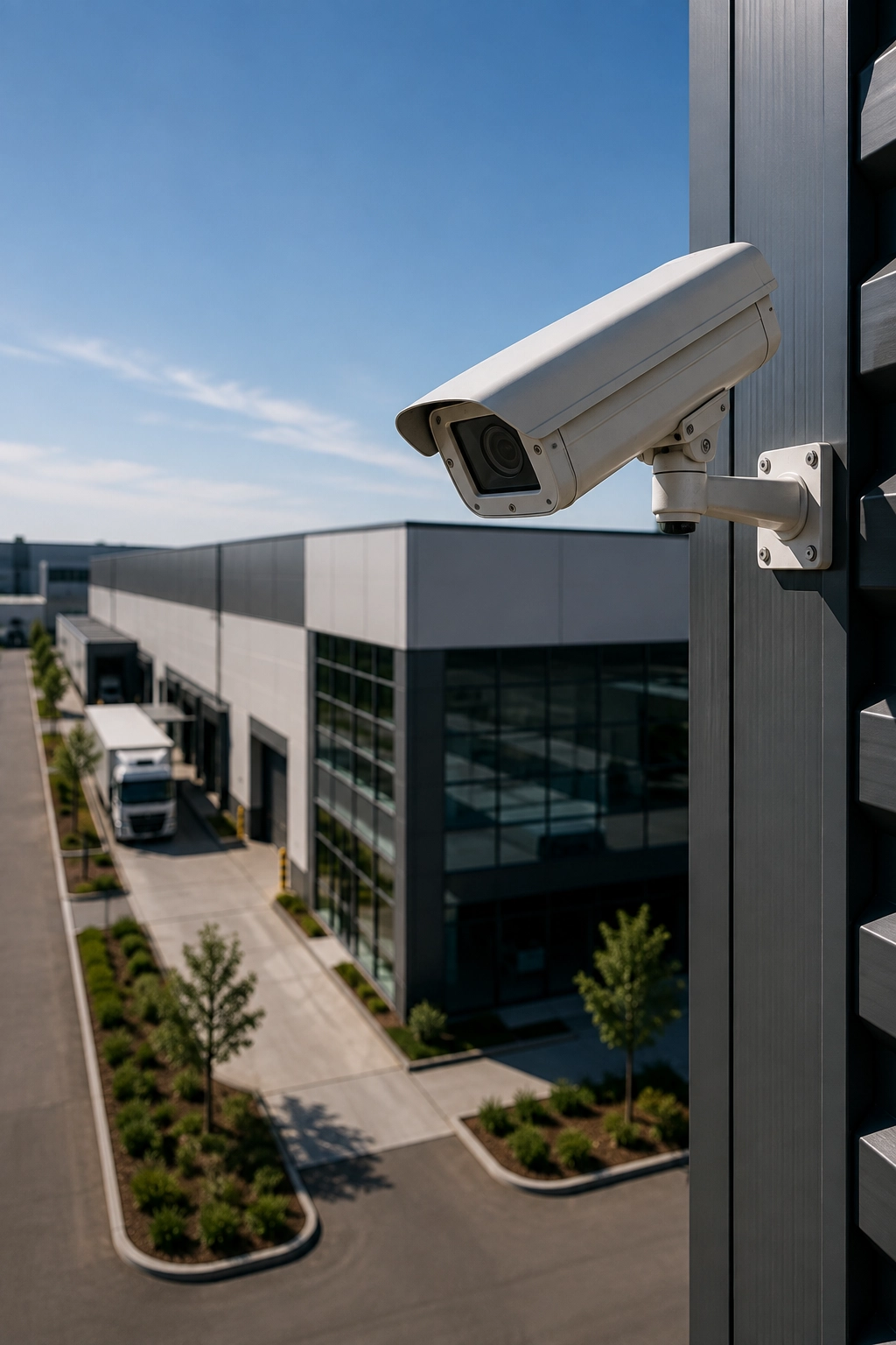 High-resolution CCTV security camera overlooking a modern industrial warehouse and loading area with commercial vehicles.