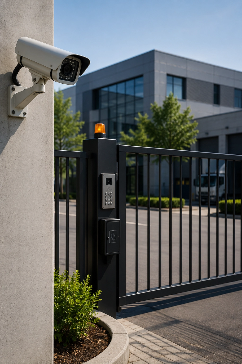 Security camera monitoring a modern automated access gate with keypad entry system at a commercial business facility.